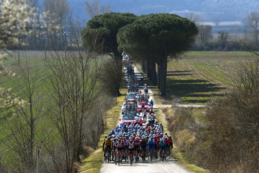 SIENA ITALY MARCH 05gduring the Eroica 16th Strade Bianche 2022 Mens Elite a 184km one day race from Siena to Siena Piazza del Campo 321m StradeBianche WorldTour on March 05 2022 in Siena Italy Photo by Tim de WaeleGetty Images