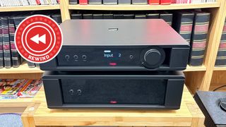 Rega amp on stand with Rewind logo