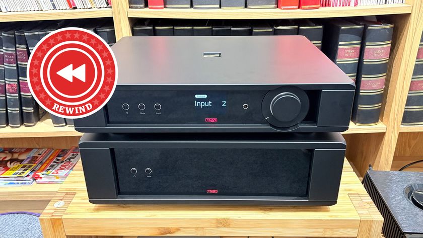 Rega amp on stand with Rewind logo