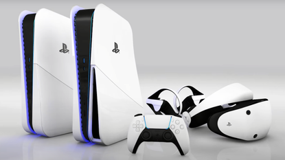PS5 Pro console in white colorway next to PSVR 2 gaming headset