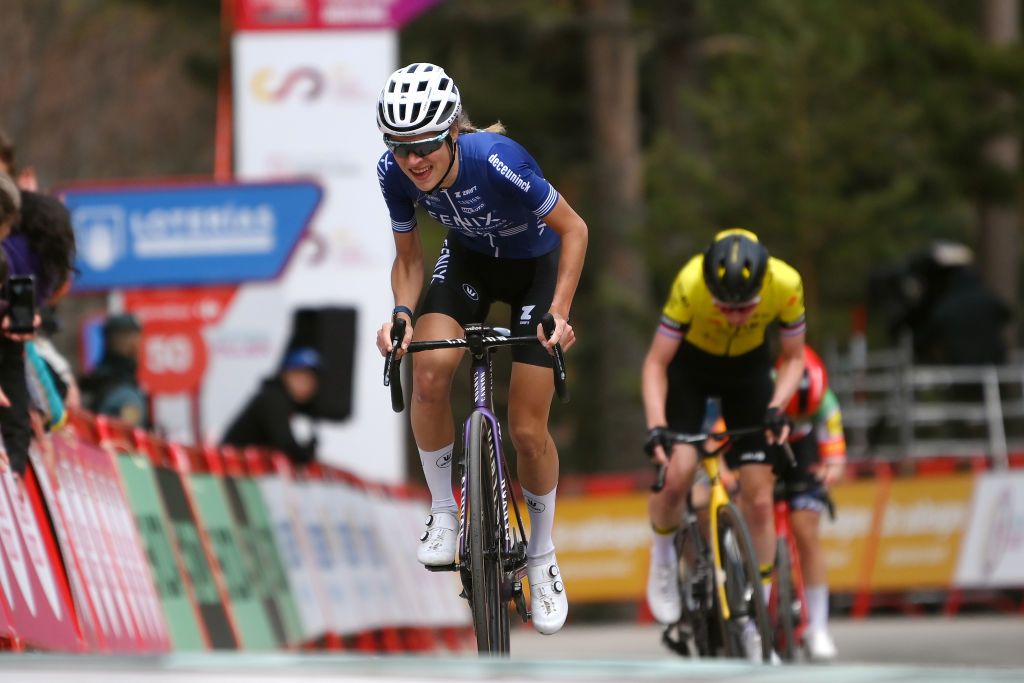 VINUESA SPAIN MAY 03 Yara Kastelijn of The Netherlands and Team FenixDeceuninck crosses the finish line as third place during the 10th La Vuelta Femenina 2024 Stage 6 a 1321km stage from Tarazona to La Laguna Negra Vineuesa 1722m UCIWT on May 03 2024 in Vineuesa Spain Photo by Alex BroadwayGetty Images