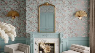 Blue and gold decorative wallpaper above a pale blue fireplace and wall panelling with mirror on wall and cream contemporary furniture