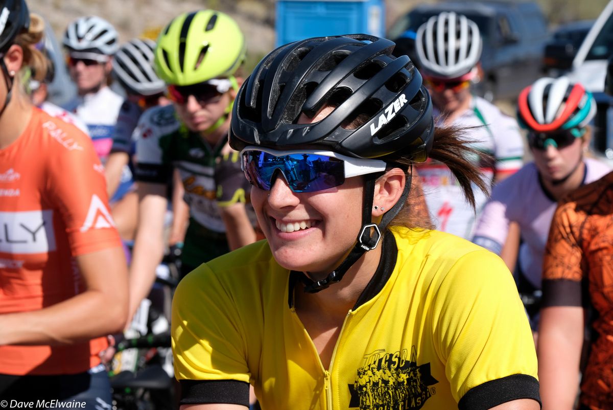 Sarah Bergen (Rally Cycling) wearing yellow at the start of the Circuit Race