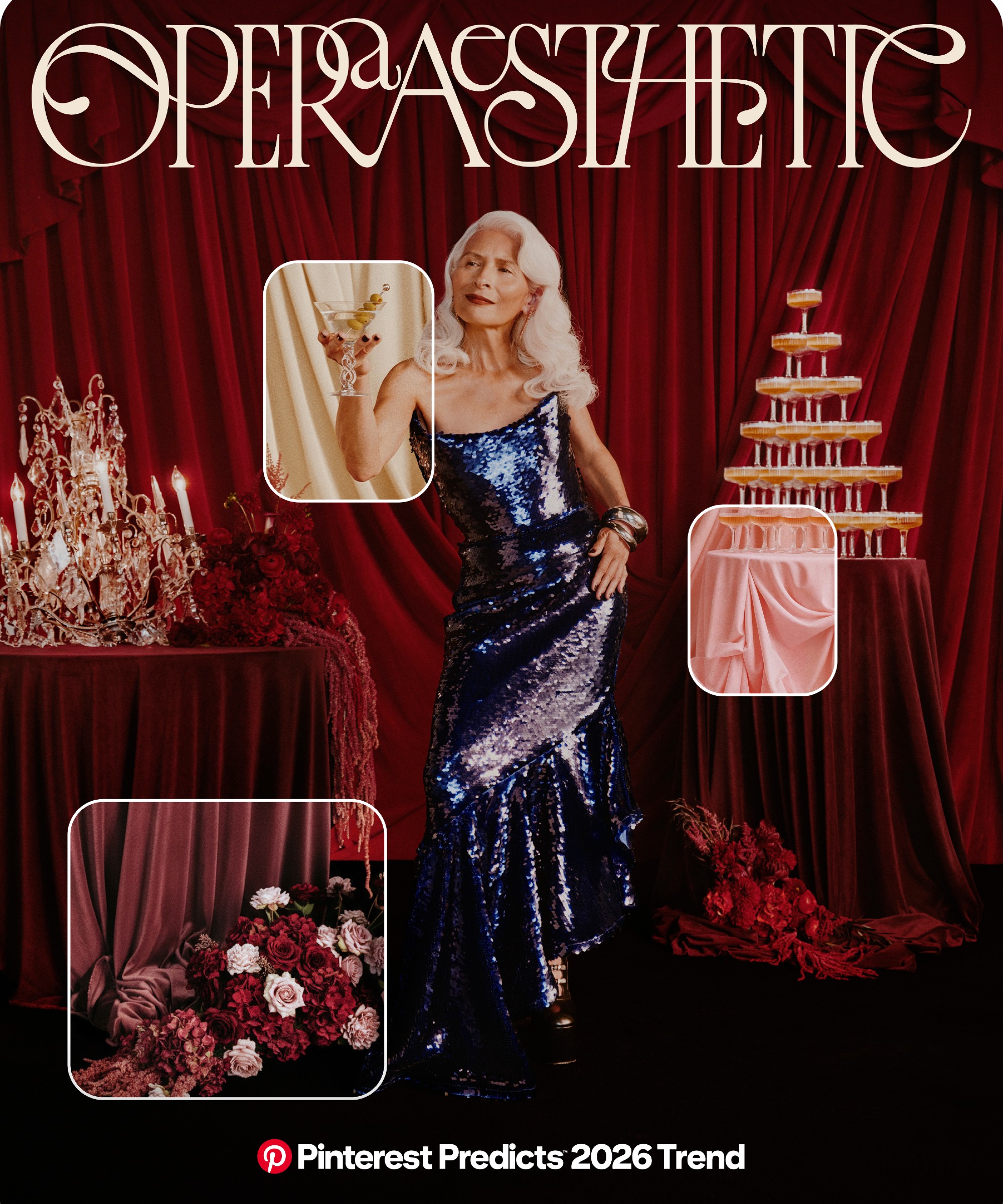 Pinterest's graphic for the Opera Aesthetic trend with red velvet curtains and a woman dressed in a dark sequinned gown