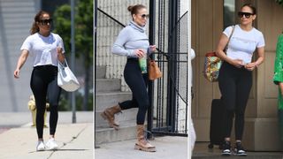 Split image of Jennifer Lopez wearing sunglasses, black leggings, and white t-shirts, turtleneck, sneakers