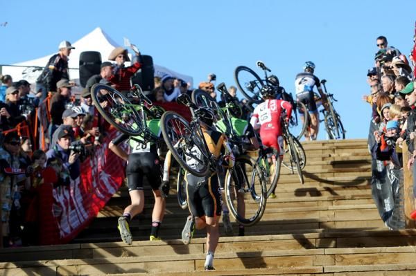 The men get to the steep stair step section.