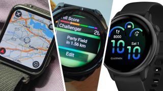 Three shots of Garmin watches with various apps open