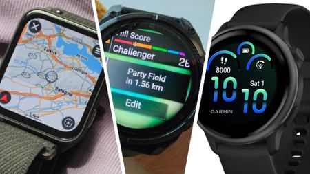 Three shots of Garmin watches with various apps open