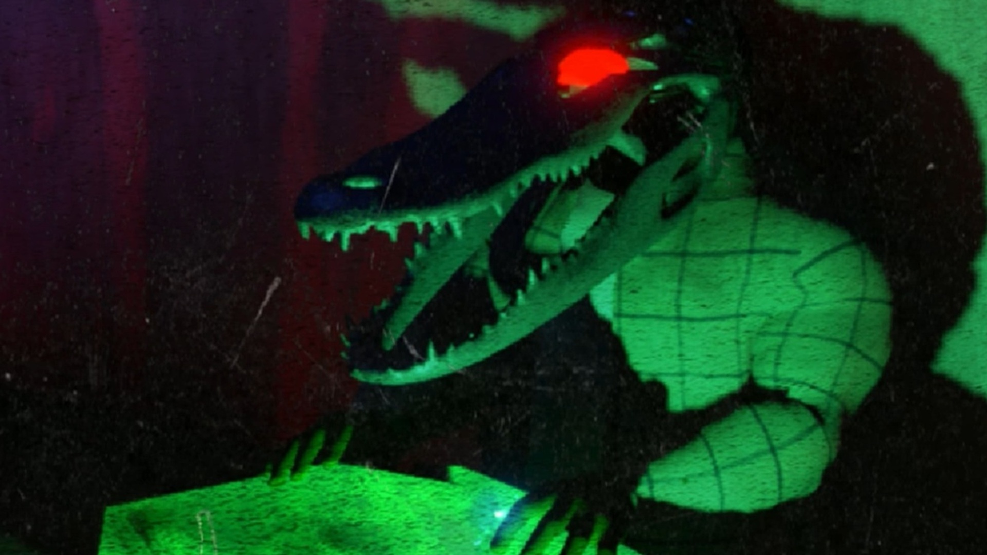 surreal green lit alligator with red eyes in Moves of the Diamond Hand