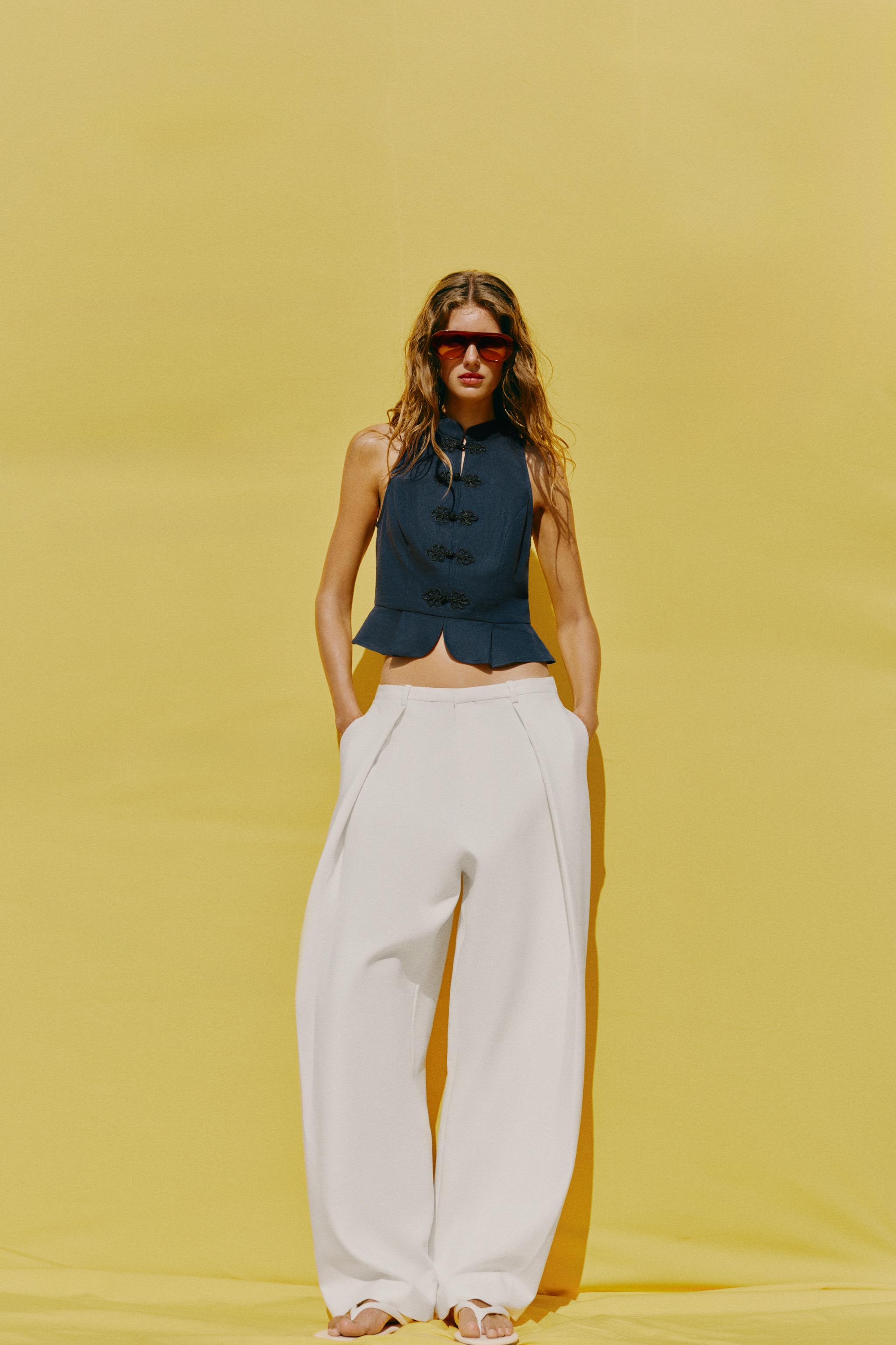 Linen Blend Peplum Top With Frog Fastening