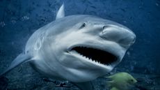 a bull shark swimming in a reef with its mouth open and a yellow fish in front of its mouth