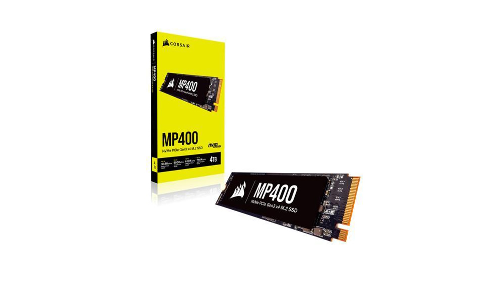 Corsair MP400 drive and retail packaging against a white background