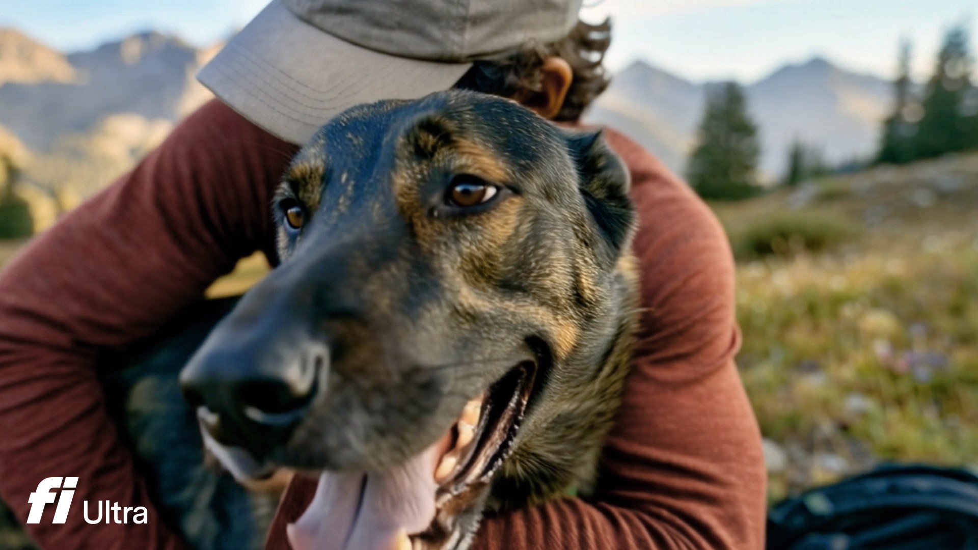 A close-up shot of a happy brown and black dog being hugged by a person wearing a cap, with scenic mountains in the background.