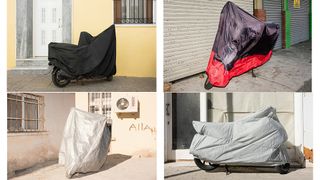four photos of bikes covered with rain covers