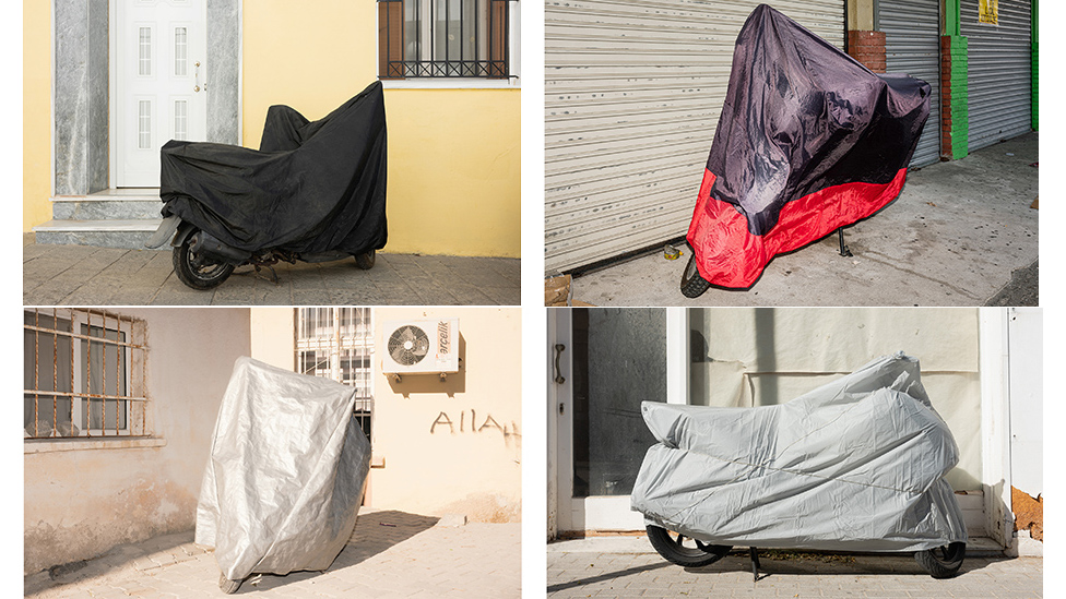 four photos of bikes covered with rain covers