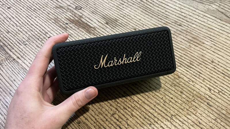 Marshall Emberton 2 speaker being held in a woman's hand