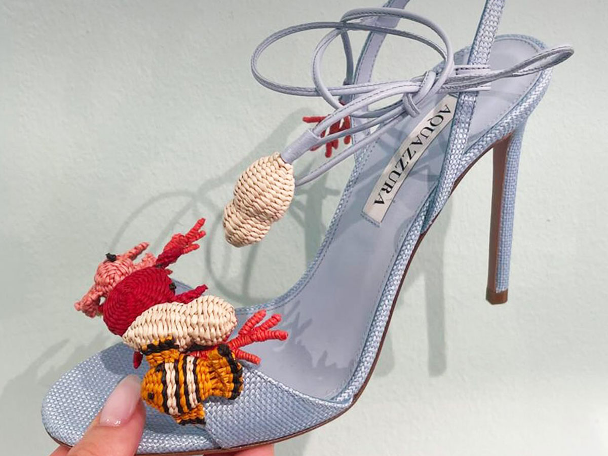 @threadsstyling aquazurra light blue marea heeled sandals embellished with raffia sea creatures