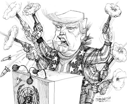 Political cartoon World Trump UN speech Rocket Man