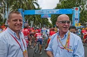 Chief Commissaire Thierry Diederen from Belgium (left) and International Commissaire Michael Robb from Ireland on the startline in Haikou for stage five.