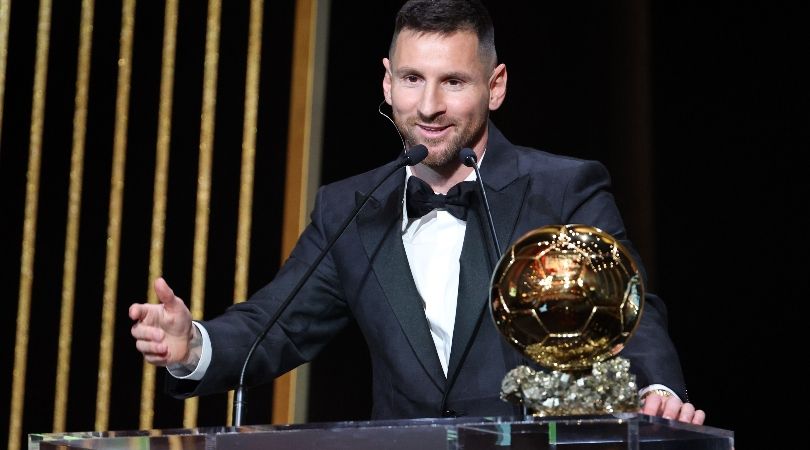 Lionel Messi with his eighth Ballon d&#039;Or in Paris on October 30th, 2023.