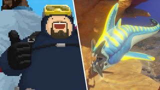 Dave the Diver giving a thumbs up next to image of blue nibbler mango fish from Subnautica 2