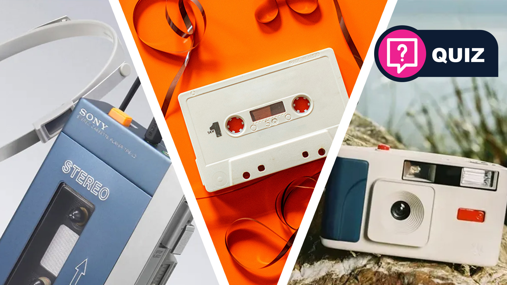 A collage image split into three showing a Sony Walkman, unwound cassette tape and film camera made by Moment 