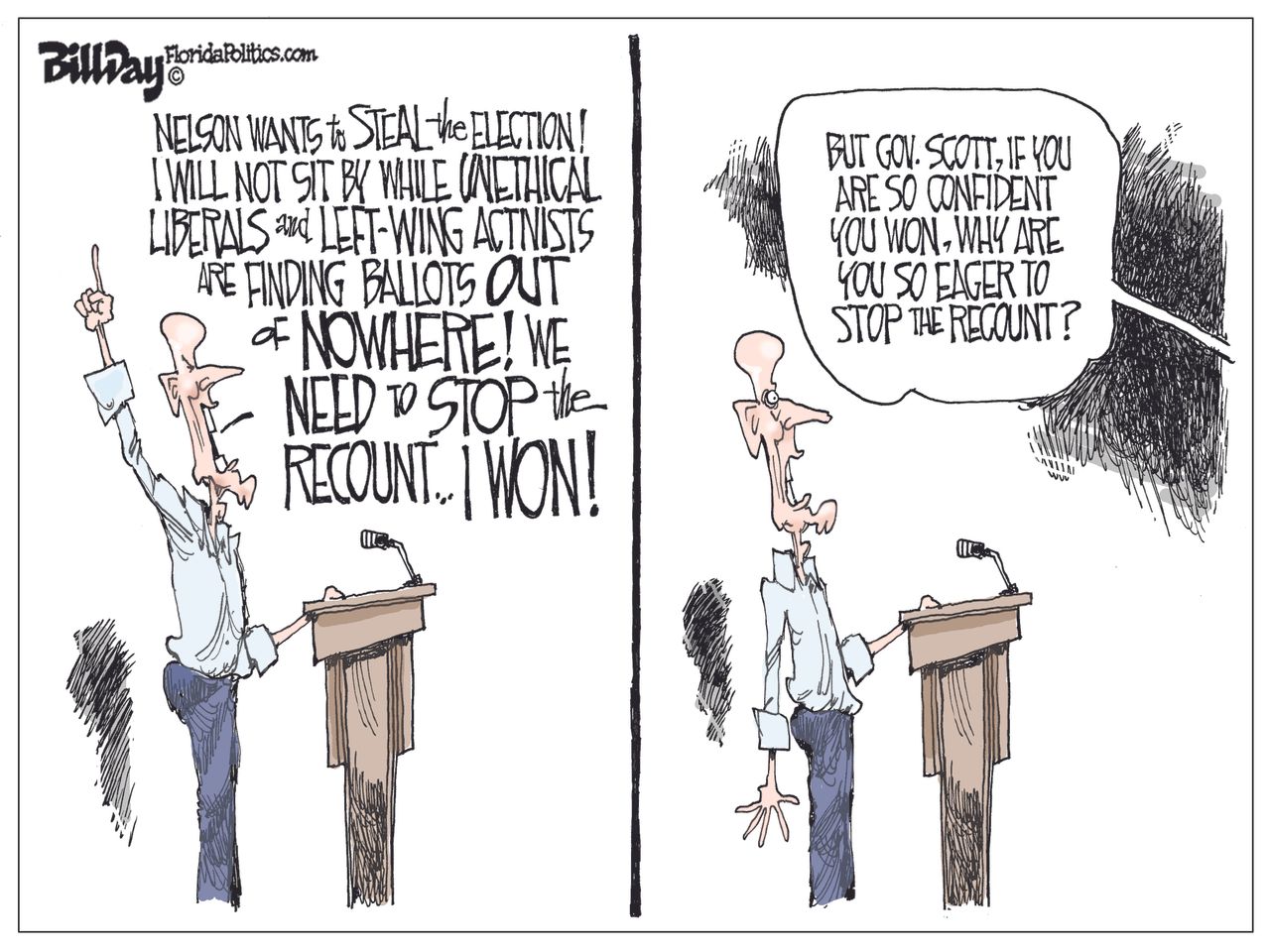 Political cartoon U.S. Florida recount midterm election liberals Rick Scott Bill Nelson