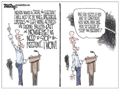 Political cartoon U.S. Florida recount midterm election liberals Rick Scott Bill Nelson