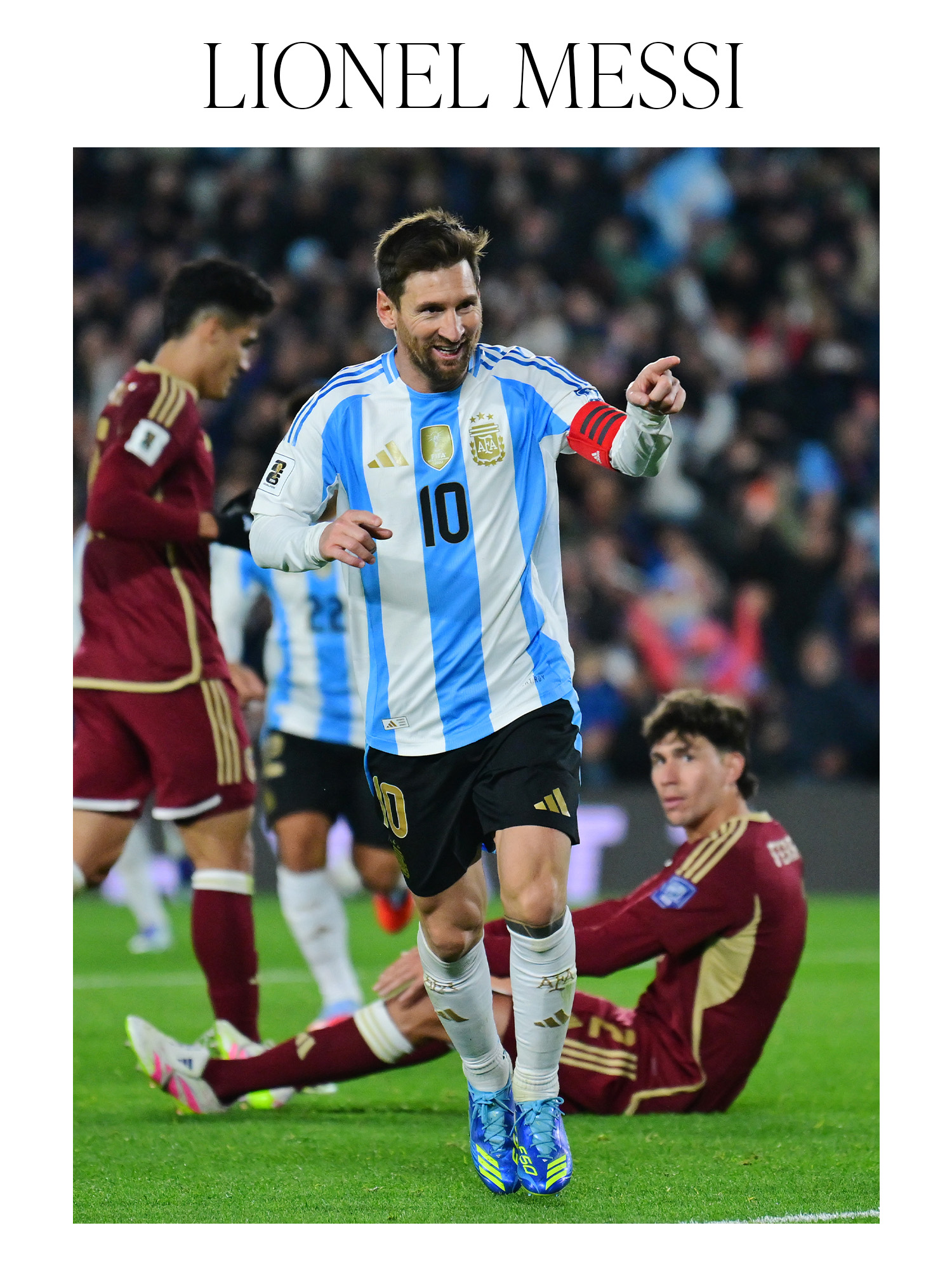 Lionel Messi of Argentina celebrates after scoring the team's third goal during the South American FIFA World Cup 2026 Qualifier match between Argentina and Venezuela.