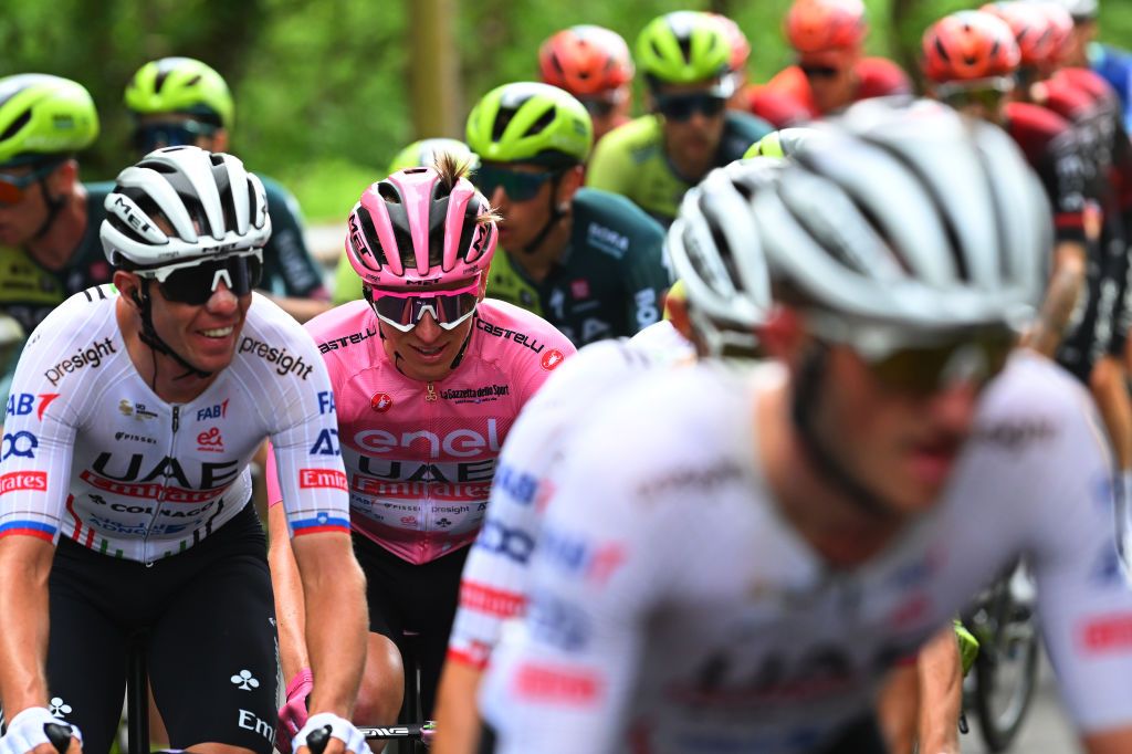 SAPPADA ITALY MAY 24 Tadej Pogacar of Slovenia and UAE Team Emirates Pink Leader Jersey competes during the 107th Giro dItalia 2024 Stage 19 a 157km stage from Mortegliano to Sappada 1236m UCIWT on May 24 2024 in Sappada Italy Photo by Dario BelingheriGetty Images