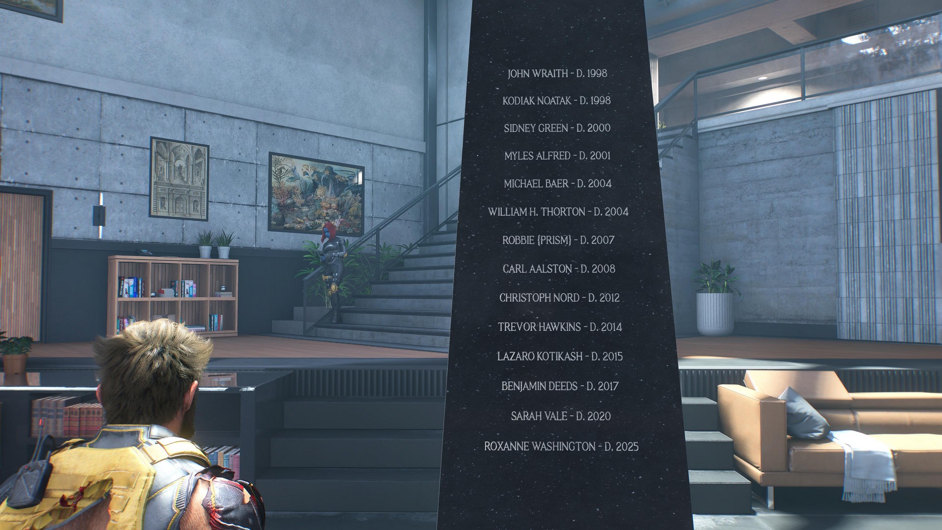Logan reads memorialized mutant names on a black obelisk in Marvel's Wolverine within Nathaniel Essex's institute