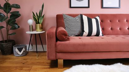 pink velvet sofa with black and white striped throw pillows
