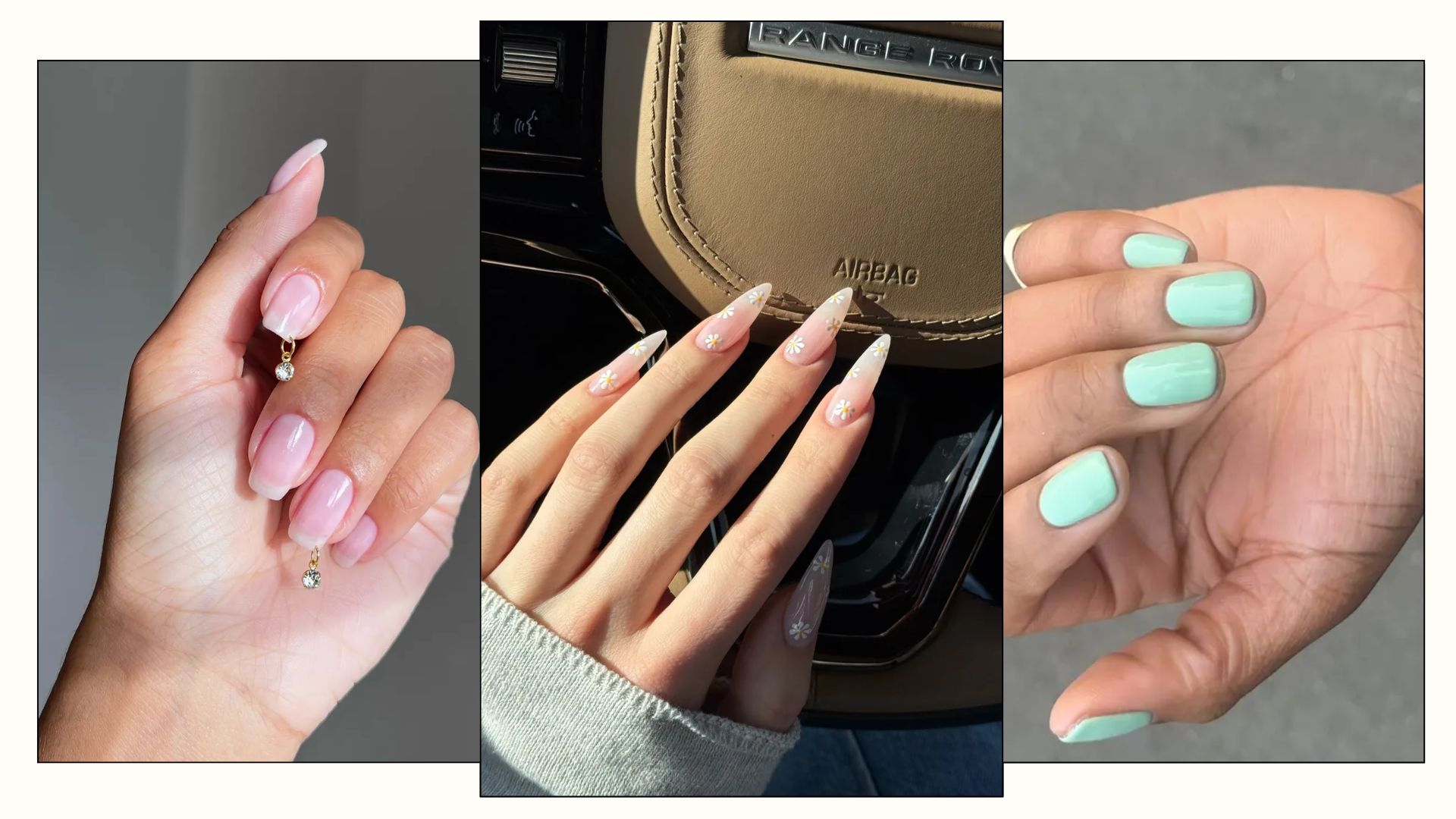 A collage of comeback spring nail trends, including gems, florals and mint green shades