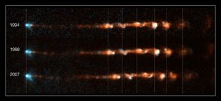These images taken by the NASA/ESA Hubble Space Telescope show how a bright, clumpy jet, ejected from a young star, has changed over time. The jet, called Herbig-Haro 34 (or HH 34), is a signpost of star birth.