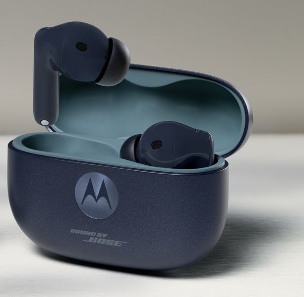 A leaked render of the Moto Buds 2 Plus in a deep blue colorway, sitting inside of its charging case with a dark teal aesthetic.