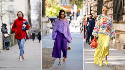 A composite of street style influencers showing how to style oversized sweaters