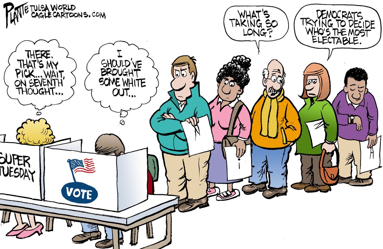 Political Cartoon U.S. Super Tuesday democrats confused voting line