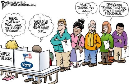 Political Cartoon U.S. Super Tuesday democrats confused voting line