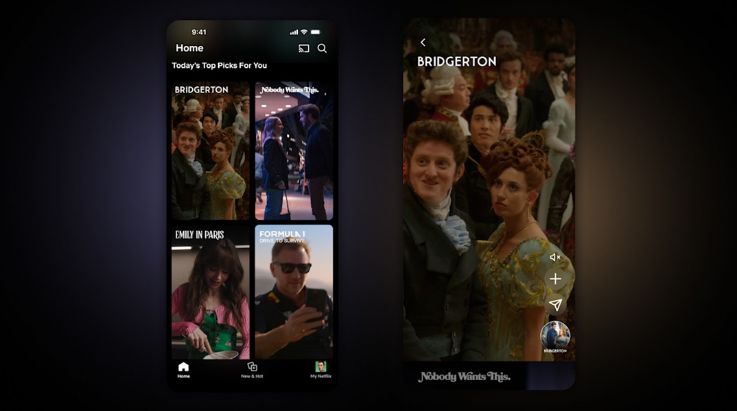 Netflix's new vertical feed displays a clip of Bridgerton on the right with a host of other videos on the left from shows and movies.