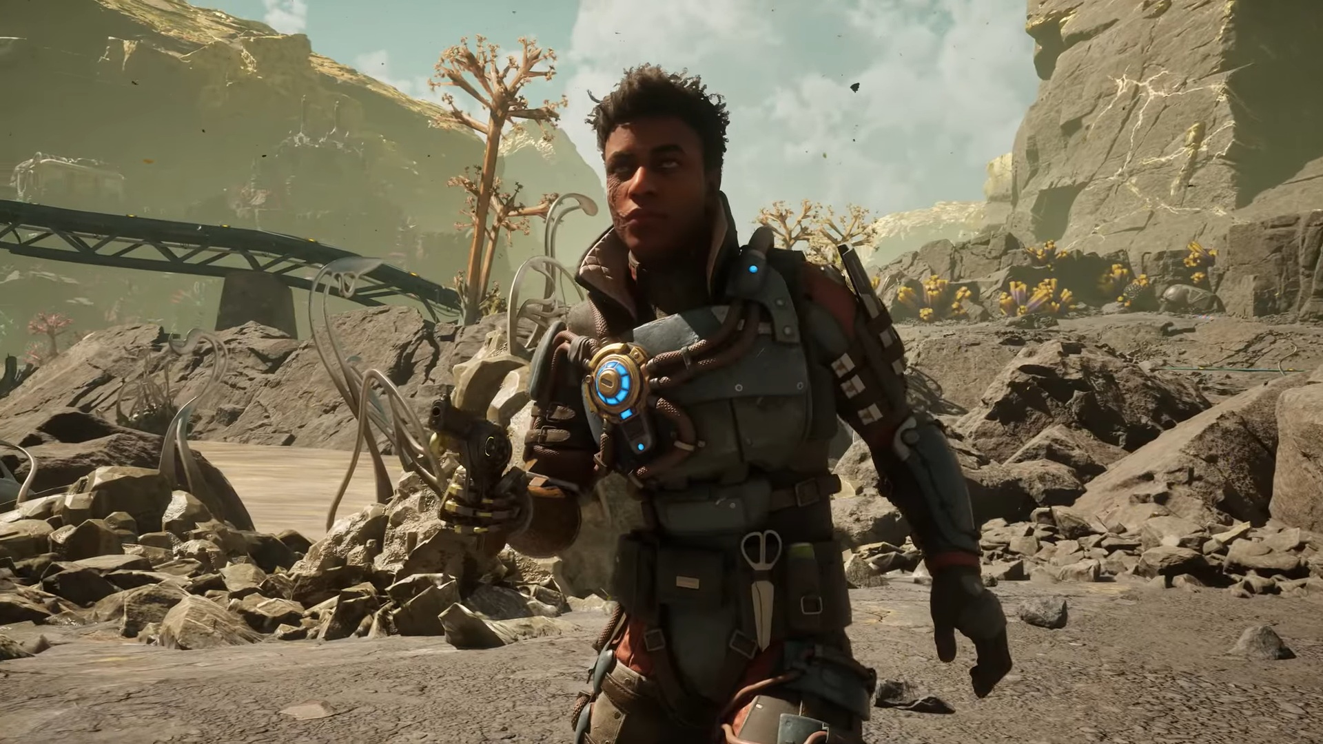 The Outer Worlds 2 screenshot of companion Niles, who points a gun