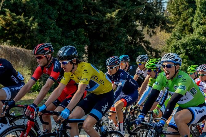 Paris-Nice leader Geraint Thomas (Sky) and points leader John Degenkolb (Giant-Shimano) roll along in the peloton during stage 6