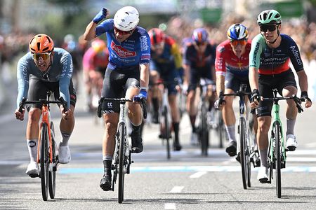 COPENHAGEN, DENMARK - JUNE 14: Jasper Philipsen of Belgium and Team Alpecin-Premier Tech (C) celebrates at finish line as race winner ahead of (L-R) Sam Welsford of Australia and Netcompany INEOS Cycling Team and Tobias Lund Andresen of Denmark and Team Decathlon CMA CGM during the 2nd Copenhagen Sprint 2026 - Men's Elite a 228.2km one day race from Roskilde to Copenhagen / #UCIWT / on June 14, 2026 in Copenhagen, Denmark. (Photo by Luc Claessen/Getty Images)