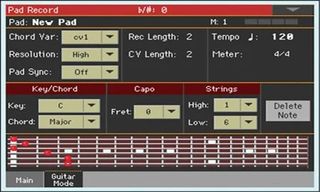 Fig. 4: Guitar Mode recording in the Pa4X provides a virtual guitar interface with options for capo position and voicing. It also offers open strings, up and down strums, mutes and chokes, and noise elements such as finger slide and body thump. 