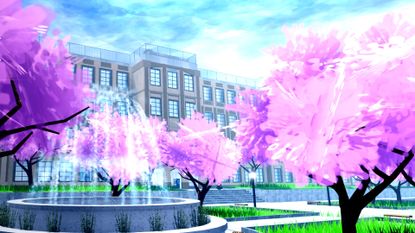 Morioh High School overlooks a garden of bright-pink sakura trees.