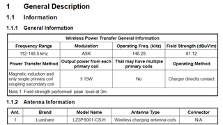 Table from FCC testing of wireless charging for Garmin Vivomove Trend watch