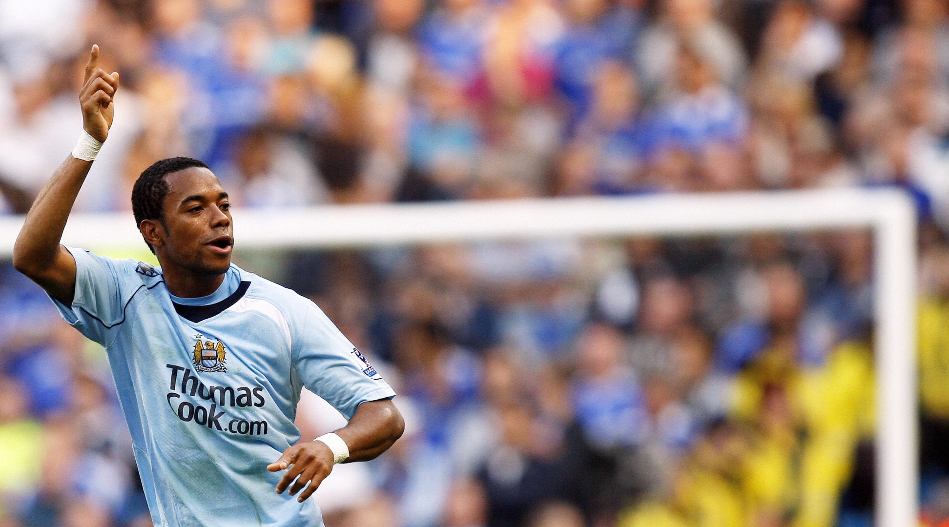 Manchester City's Brazilian forward Robinho celebrates after scoring against Chelsea during their English Premier League football match at The City of Manchester Stadium in Manchester, north west England on September 13, 2008. AFP PHOTO/ADRIAN DENNIS