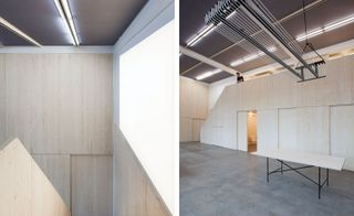 Light wooden walls of studio