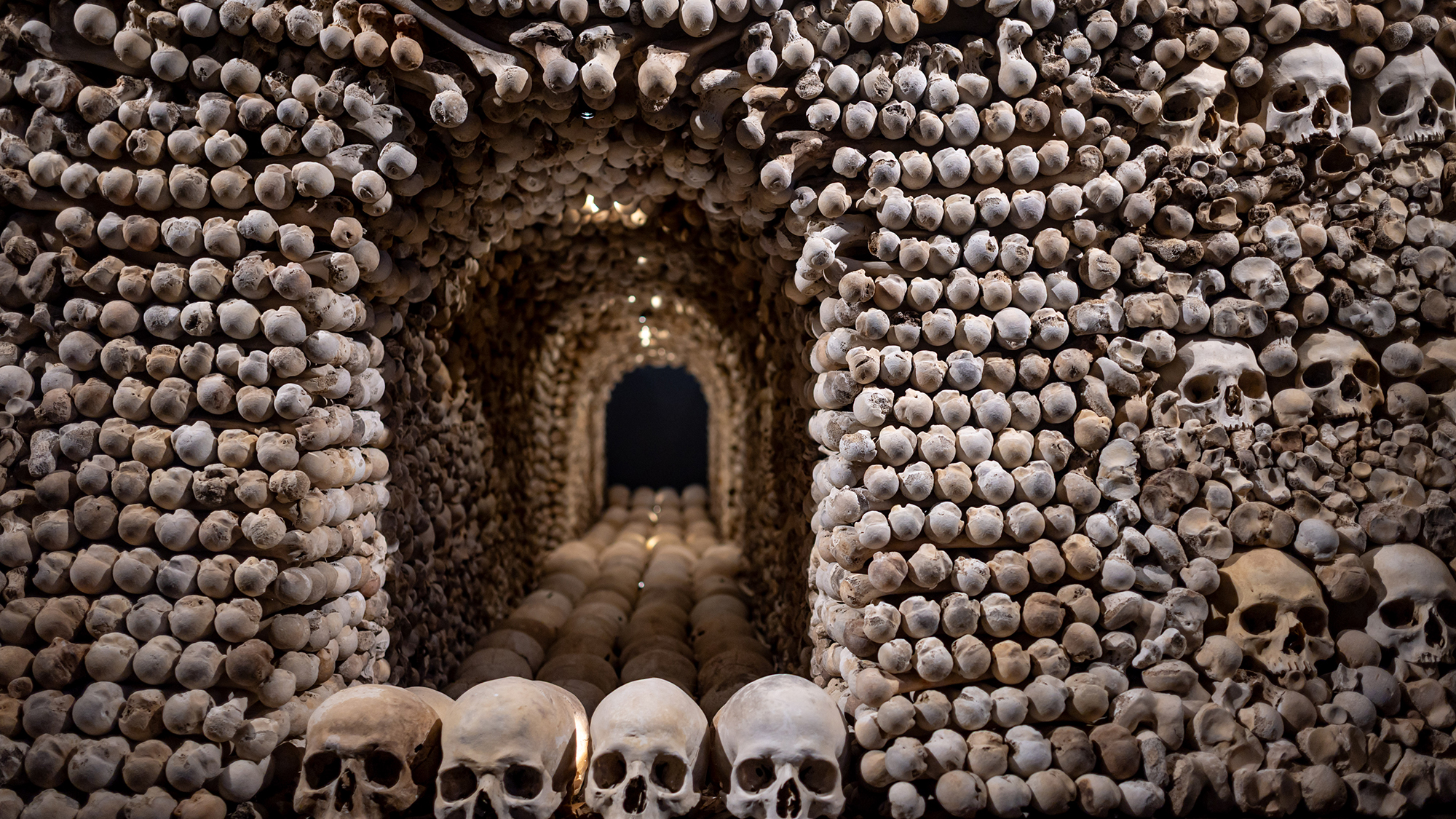 Human bones on display after restoration at the Sedlec Ossuary beneath the Cemetery Church of All Saints in Kutná Hora, Czech Republic