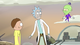 (L to R) Morty, Rick and Mr. Calypso in Rick and Morty season 6 episode 8's cold open