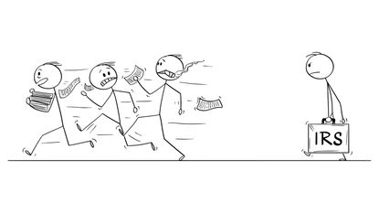 drawing of three stick figure people running away from stick figure IRS auditor